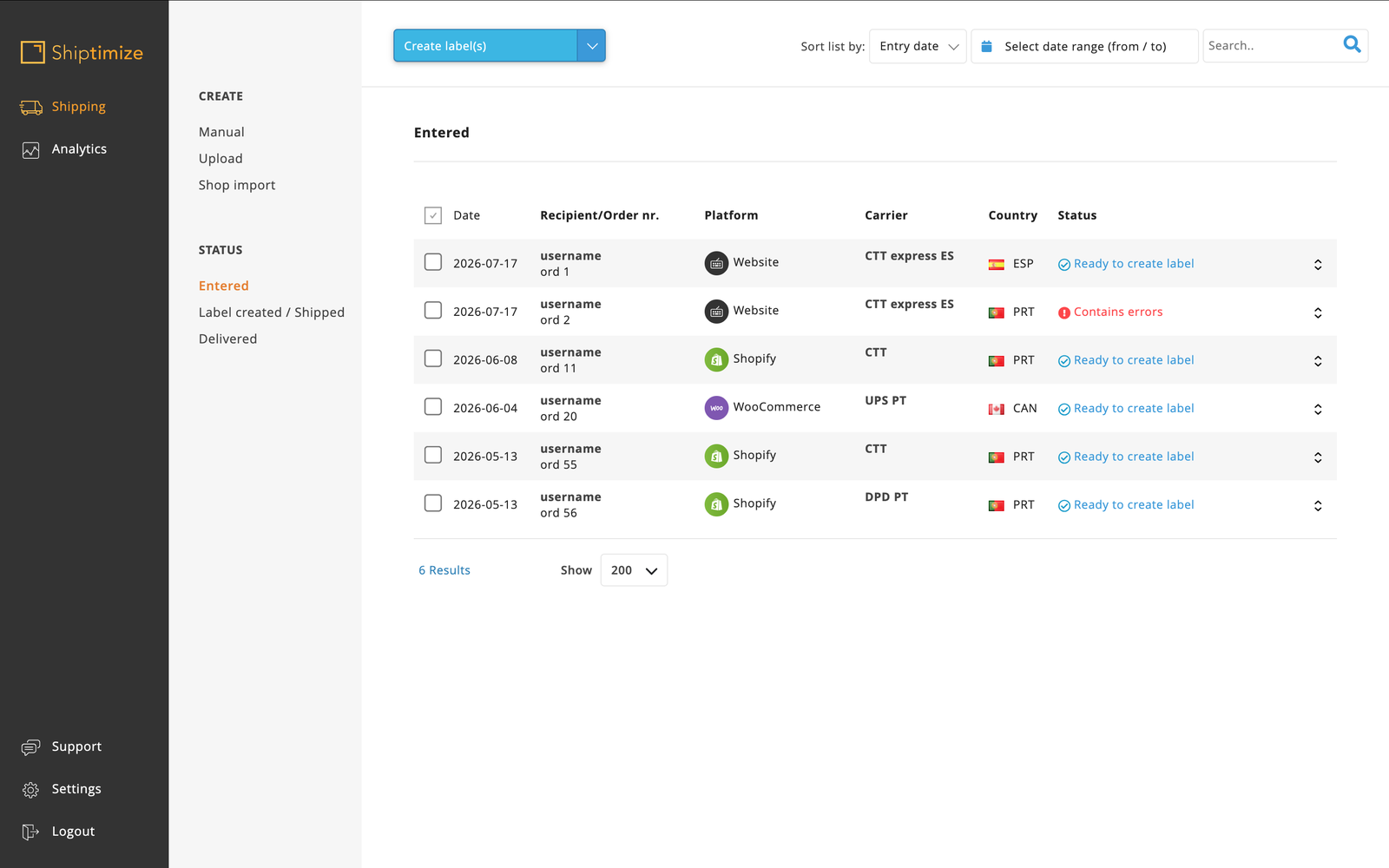 Lista de envios na plataforma Shiptimize, com data, destinatário, plataforma de origem, transportadora, país e estado de cada encomenda
